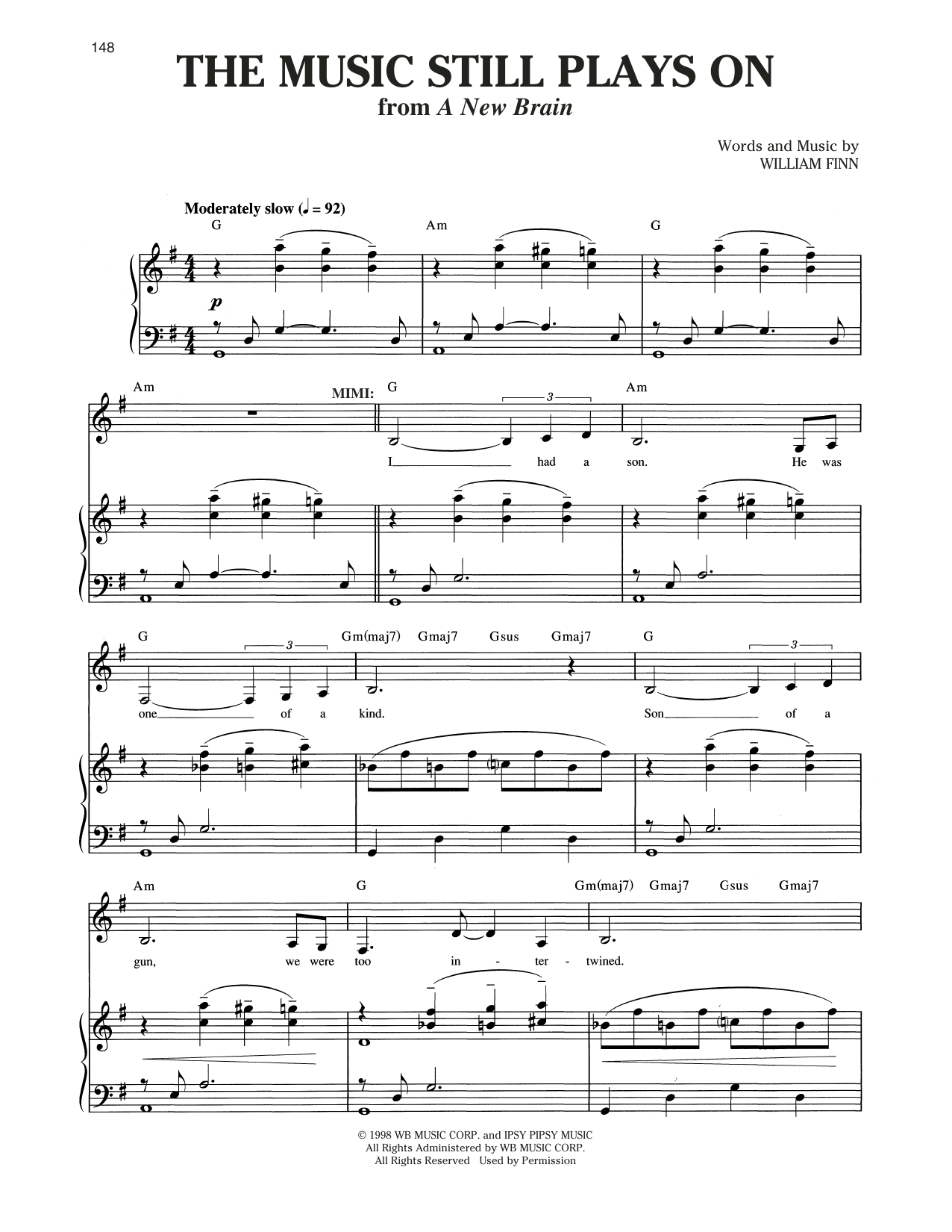 William Finn The Music Still Plays On (from A New Brain) sheet music notes and chords. Download Printable PDF.