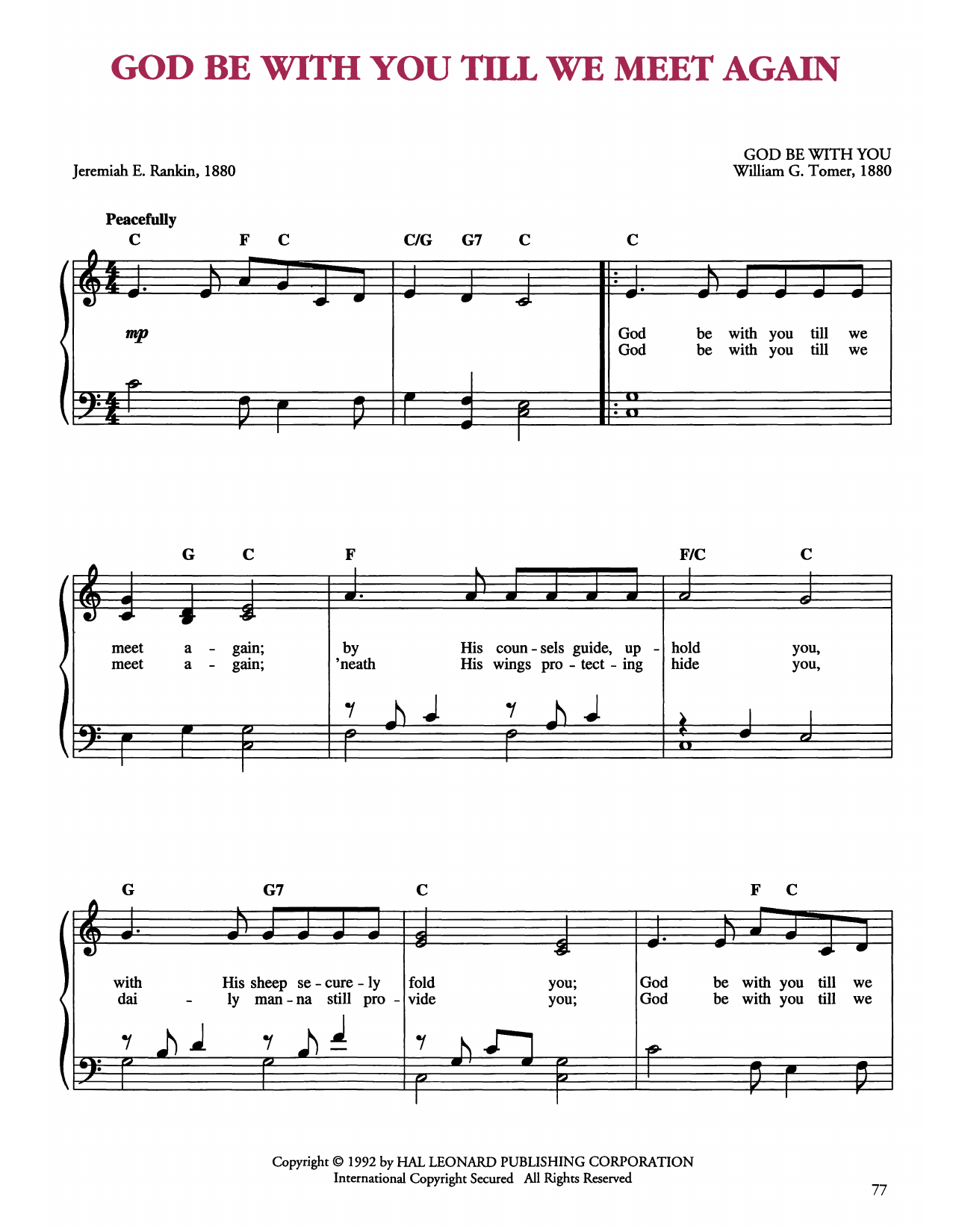 Learn to play William G. Tomer God Be With You Till We Meet Again sheet music for Easy Piano in minutes. Price: 6.9900$ William G. Tomer God Be With You Till We Meet Again sheet music notes and chords arranged for Easy Piano