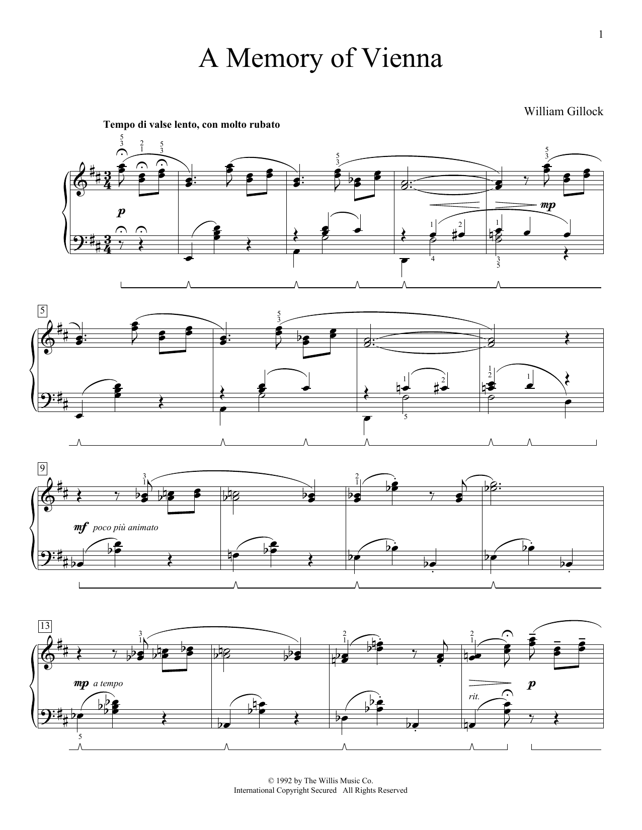 William Gillock A Memory Of Vienna sheet music notes and chords. Download Printable PDF.