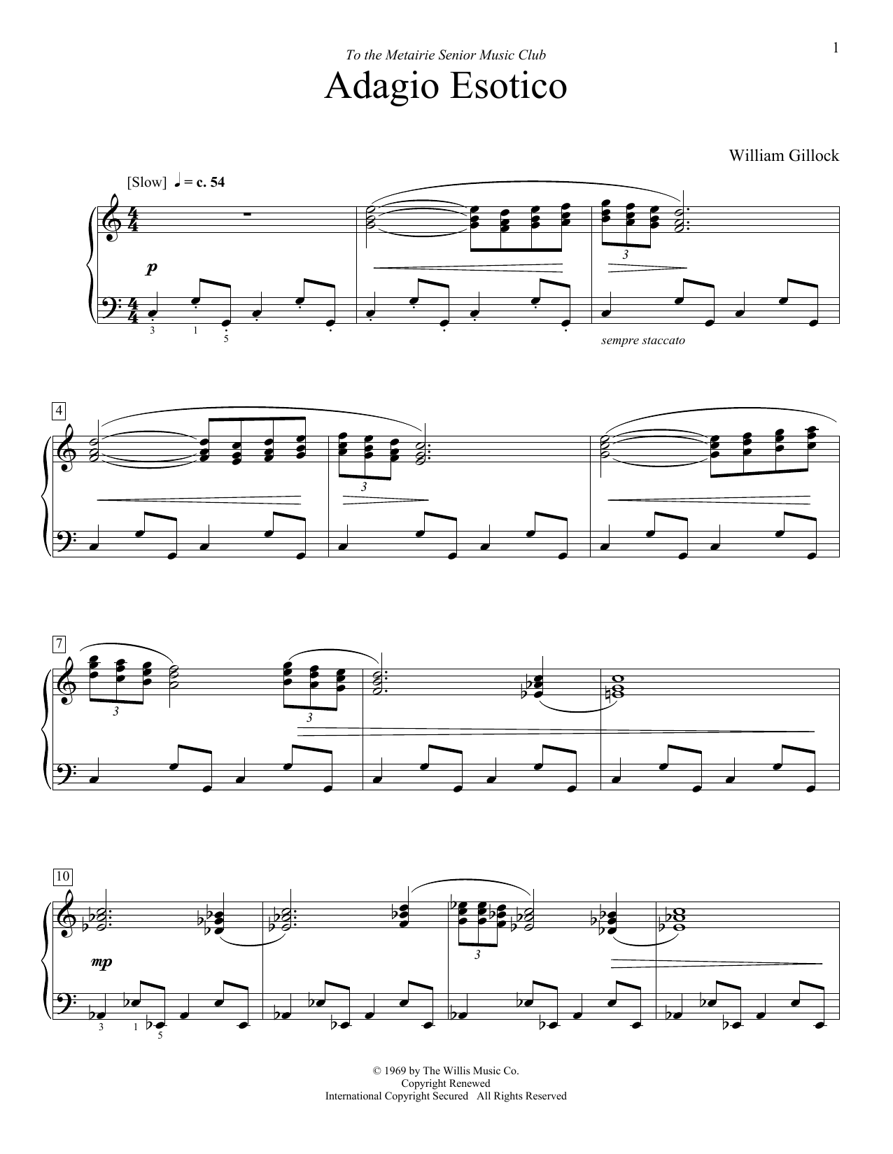 Learn to play William Gillock Adagio Esotico sheet music for Educational Piano in minutes. Price: 6.9900$ William Gillock Adagio Esotico sheet music notes and chords arranged for Educational Piano
