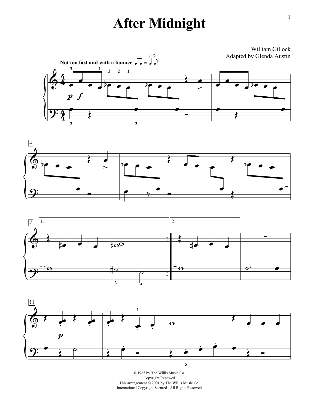Learn to play William Gillock After Midnight (Simplified) (adapted by Glenda Austin) sheet music for Educational Piano in minutes. Price: 6.9900$ William Gillock After Midnight (Simplified) (adapted by Glenda Austin) sheet music notes and chords arranged for Educational Piano