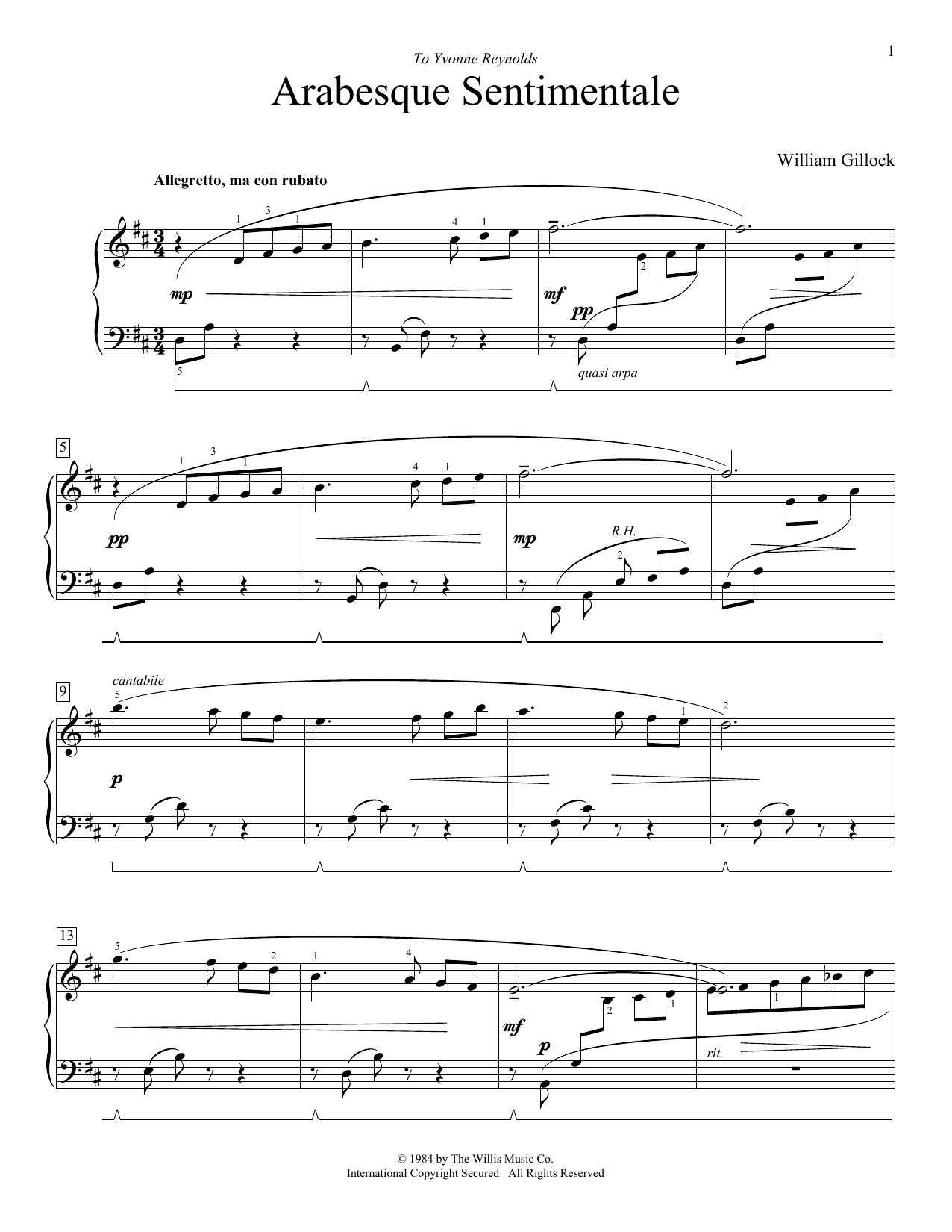 William Gillock Arabesque Sentimentale sheet music notes and chords. Download Printable PDF.