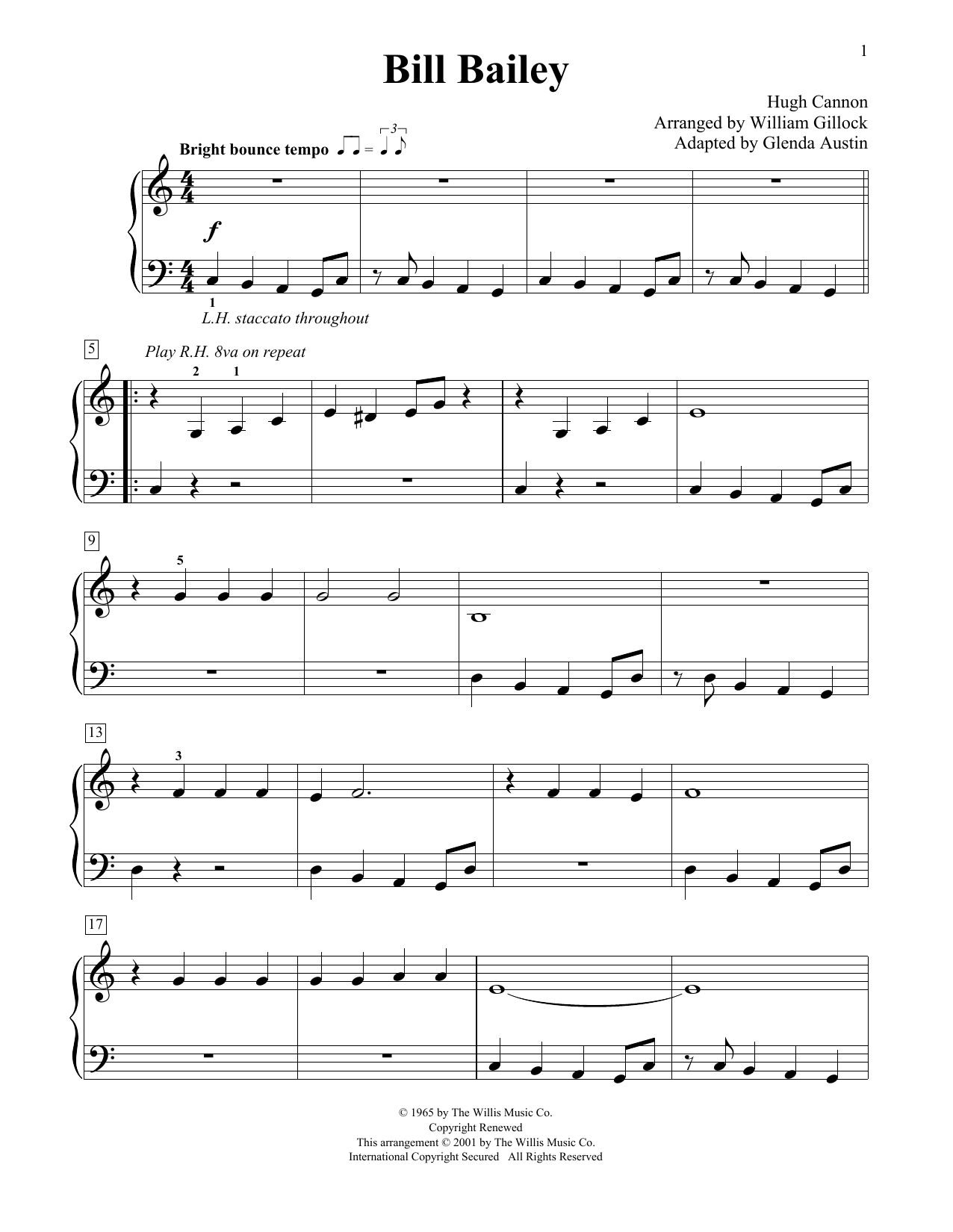 Learn to play William Gillock Bill Bailey (Simplified) (adapted by Glenda Austin) sheet music for Educational Piano in minutes. Price: 6.9900$ William Gillock Bill Bailey (Simplified) (adapted by Glenda Austin) sheet music notes and chords arranged for Educational Piano