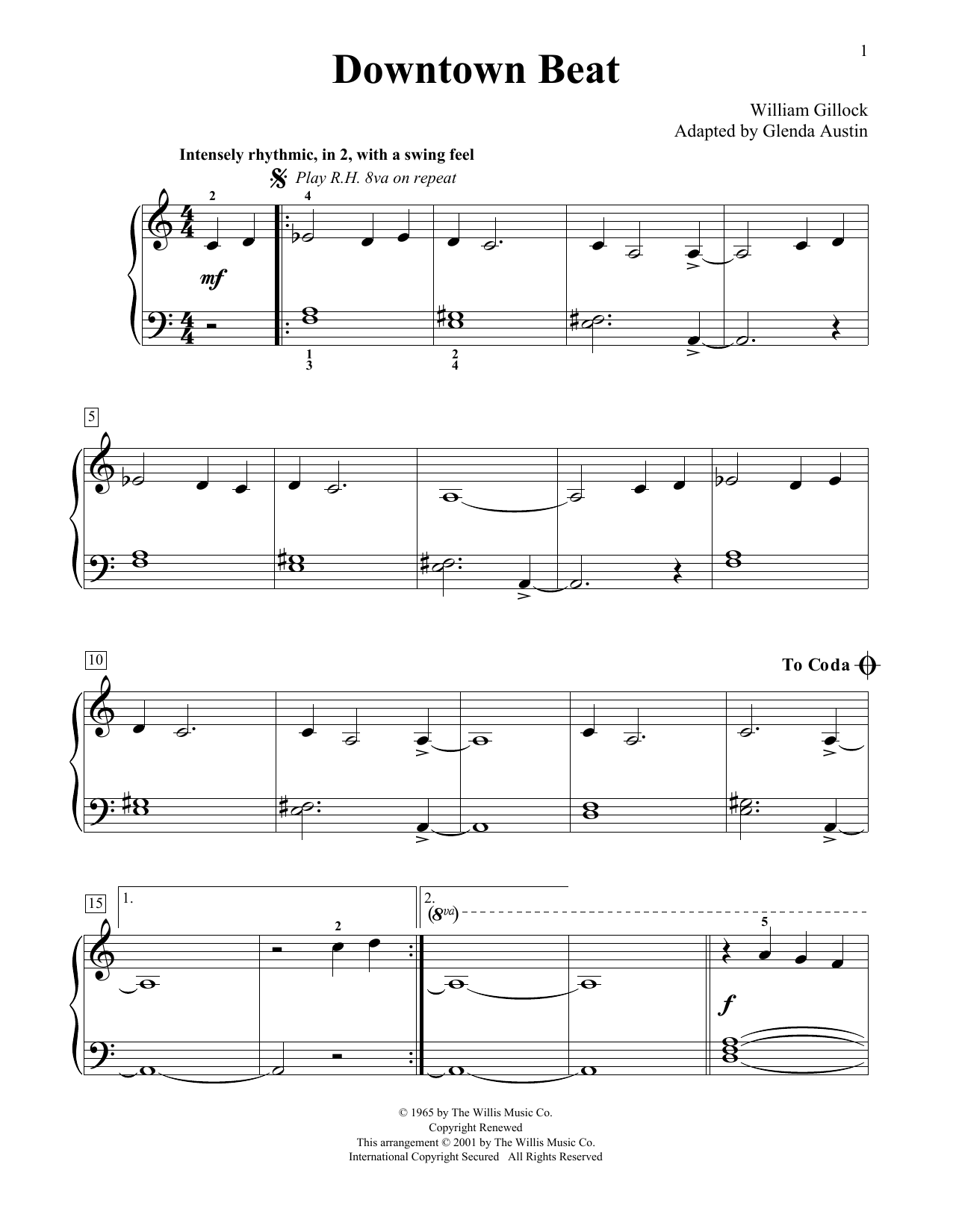 Learn to play William Gillock Downtown Beat (Simplified) (adapted by Glenda Austin) sheet music for Educational Piano in minutes. Price: 6.9900$ William Gillock Downtown Beat (Simplified) (adapted by Glenda Austin) sheet music notes and chords arranged for Educational Piano