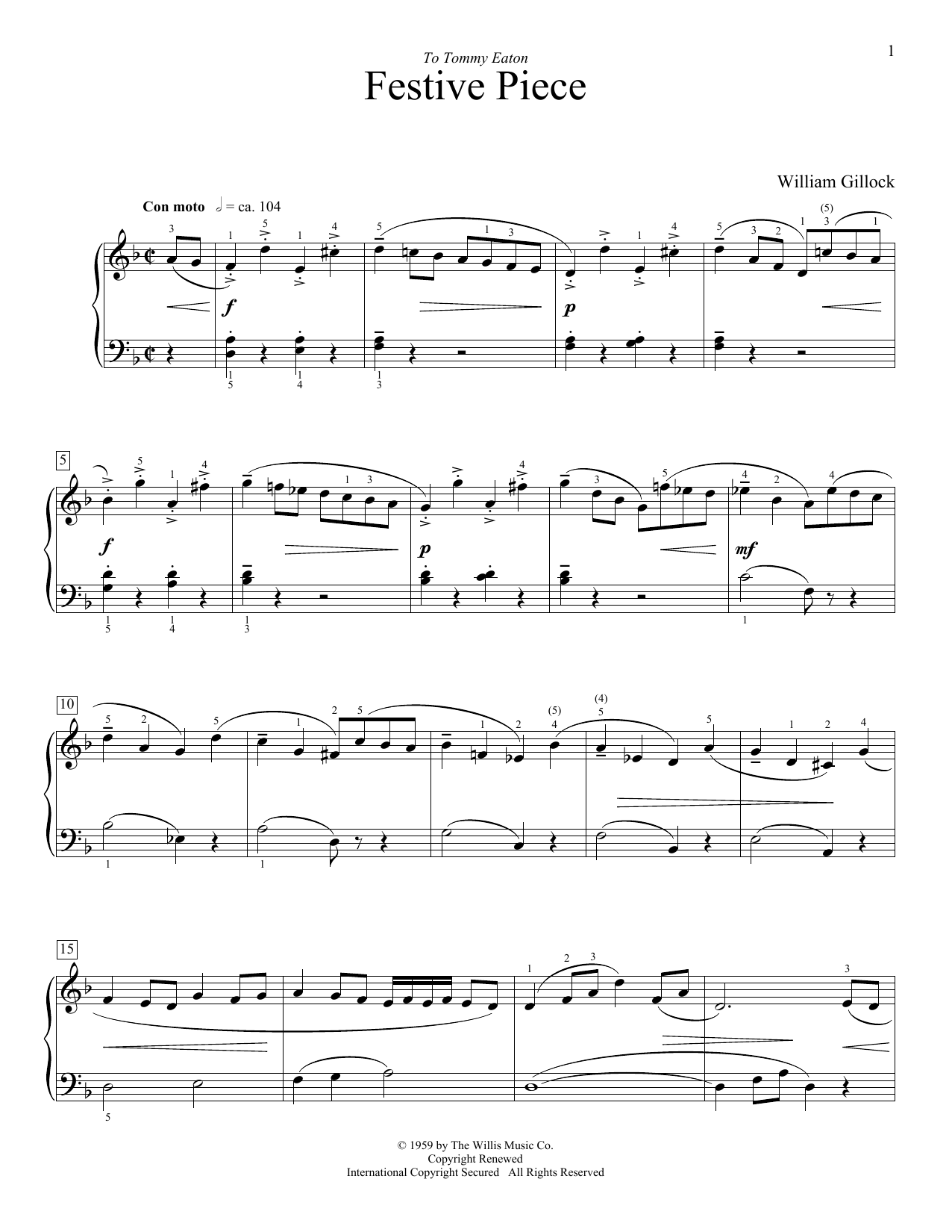 Learn to play William Gillock Festive Piece sheet music for Educational Piano in minutes. Price: 6.9900$ William Gillock Festive Piece sheet music notes and chords arranged for Educational Piano