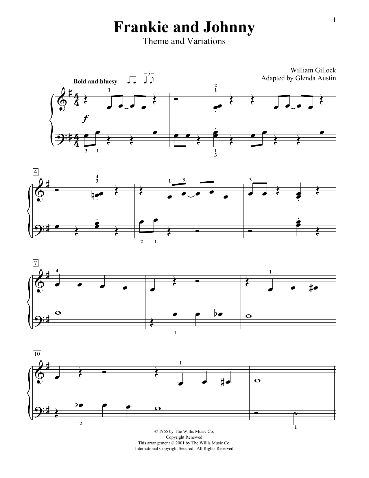 Learn to play William Gillock Frankie And Johnny (Theme And Variations) (Simplified) (adapted by Glenda Austin) sheet music for Educational Piano in minutes. Price: 6.9900$ William Gillock Frankie And Johnny (Theme And Variations) (Simplified) (adapted by Glenda Austin) sheet music notes and chords arranged for Educational Piano