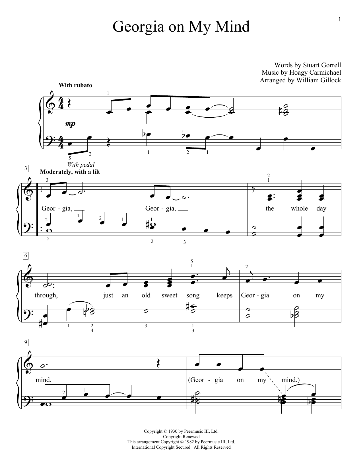 William Gillock Georgia On My Mind sheet music notes and chords. Download Printable PDF.