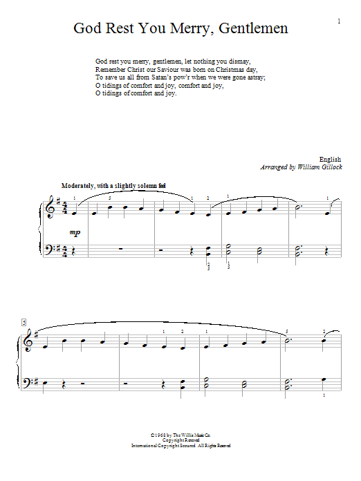 Learn to play William Gillock God Rest You Merry, Gentlemen sheet music for Educational Piano in minutes. Price: 6.9900$ William Gillock God Rest You Merry, Gentlemen sheet music notes and chords arranged for Educational Piano