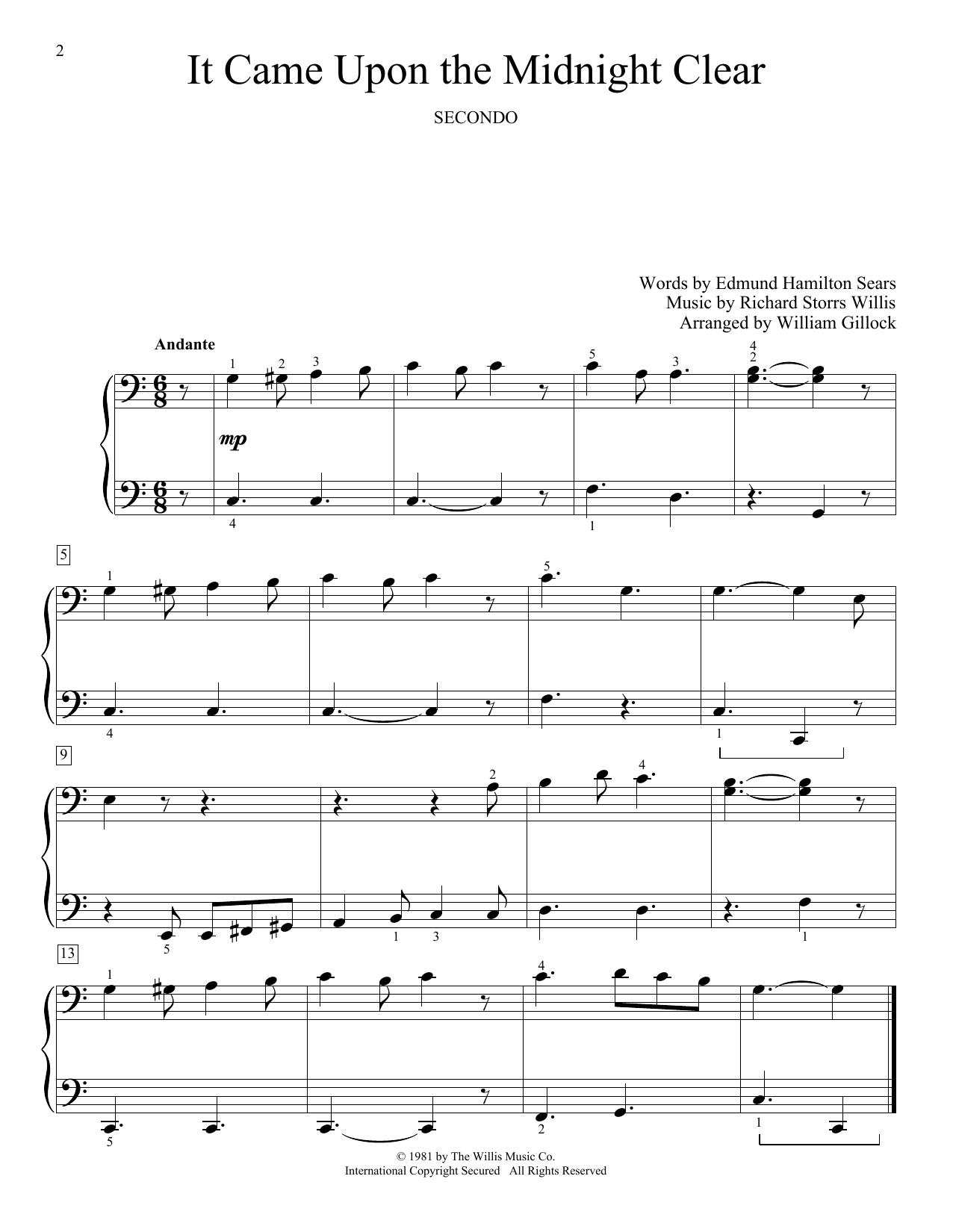 Learn to play William Gillock It Came Upon The Midnight Clear sheet music for Piano Duet in minutes. Price: 7.8900$ William Gillock It Came Upon The Midnight Clear sheet music notes and chords arranged for Piano Duet