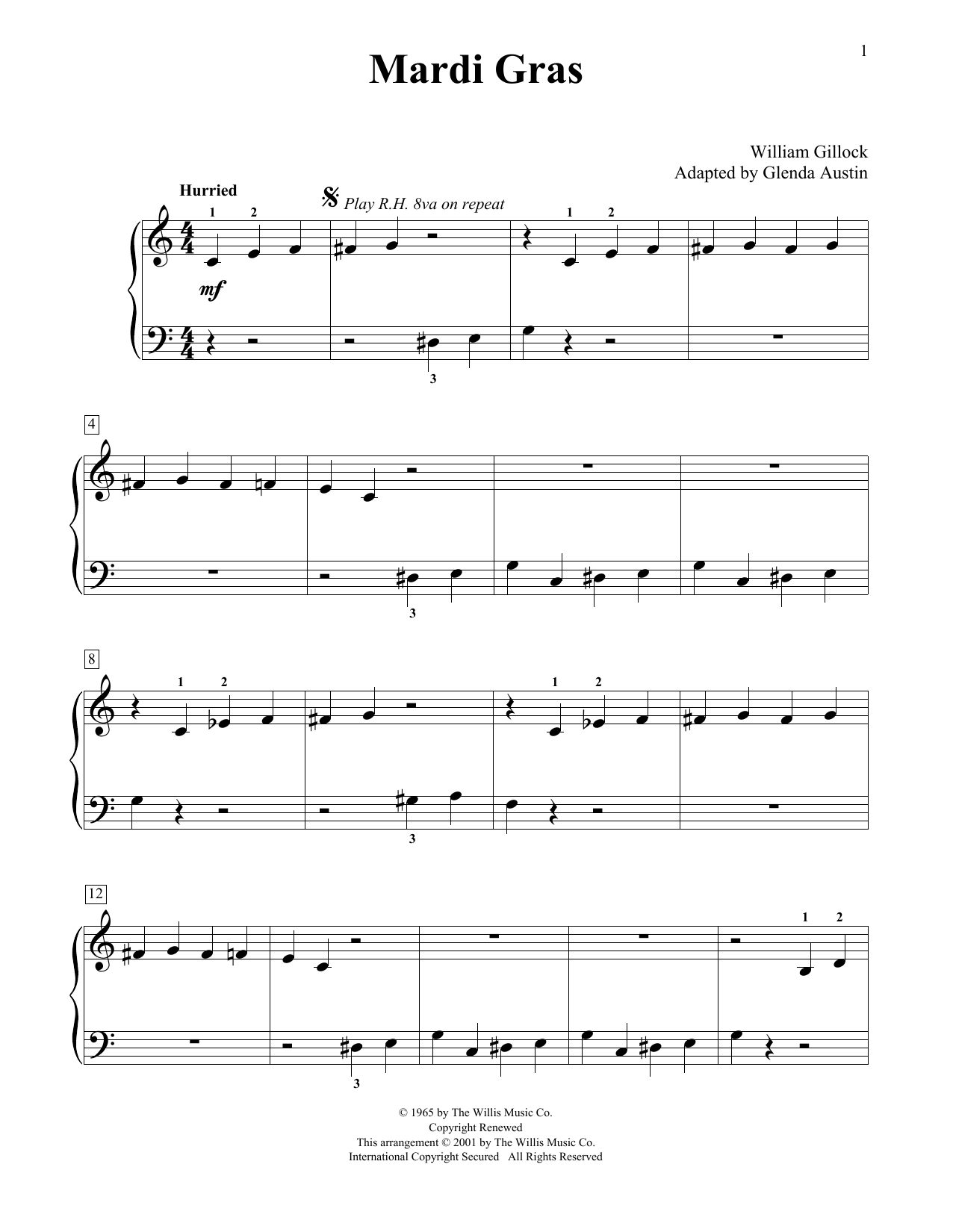 Learn to play William Gillock Mardi Gras (Simplified) (adapted by Glenda Austin) sheet music for Educational Piano in minutes. Price: 6.9900$ William Gillock Mardi Gras (Simplified) (adapted by Glenda Austin) sheet music notes and chords arranged for Educational Piano