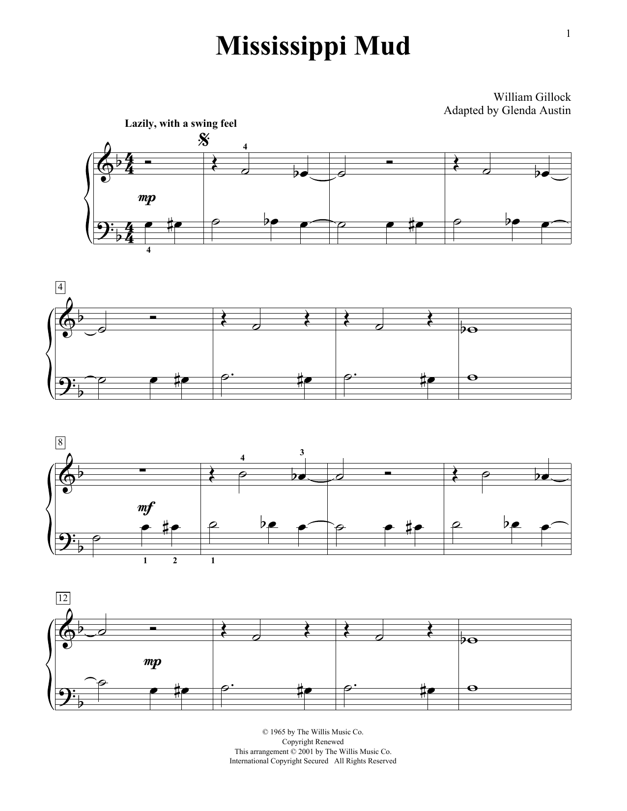Learn to play William Gillock Mississippi Mud (Simplified) (adapted by Glenda Austin) sheet music for Educational Piano in minutes. Price: 6.9900$ William Gillock Mississippi Mud (Simplified) (adapted by Glenda Austin) sheet music notes and chords arranged for Educational Piano