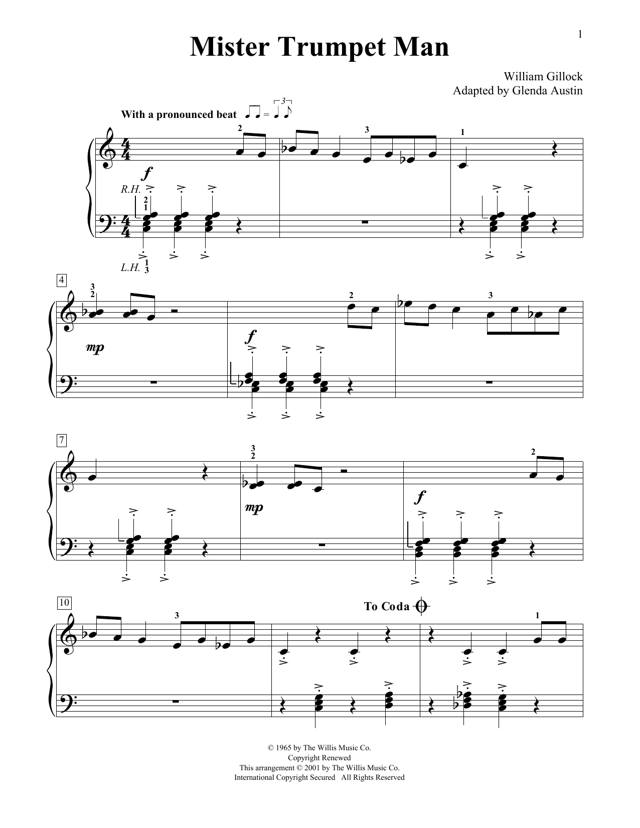 Learn to play William Gillock Mister Trumpet Man (Simplified) (adapted by Glenda Austin) sheet music for Educational Piano in minutes. Price: 6.9900$ William Gillock Mister Trumpet Man (Simplified) (adapted by Glenda Austin) sheet music notes and chords arranged for Educational Piano