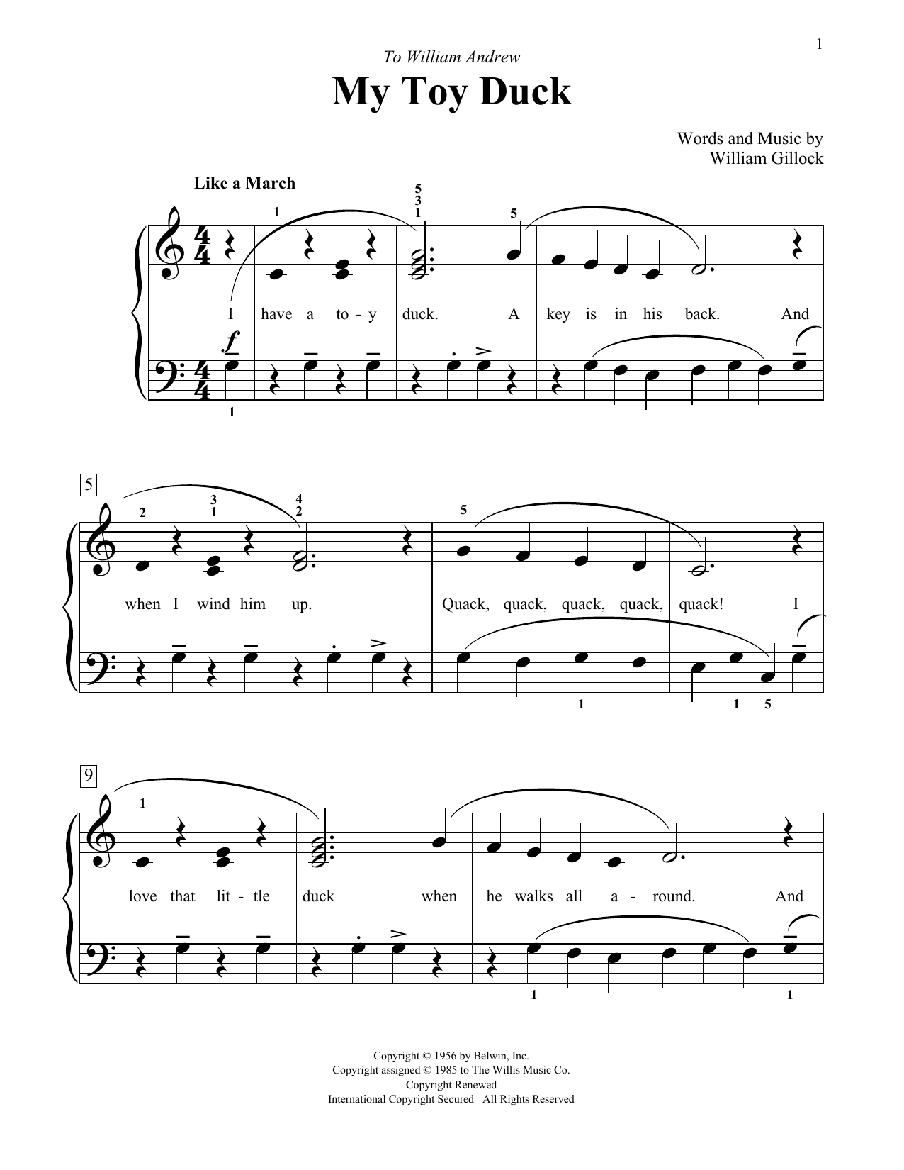 Learn to play William Gillock My Toy Duck sheet music for Educational Piano in minutes. Price: 6.9900$ William Gillock My Toy Duck sheet music notes and chords arranged for Educational Piano