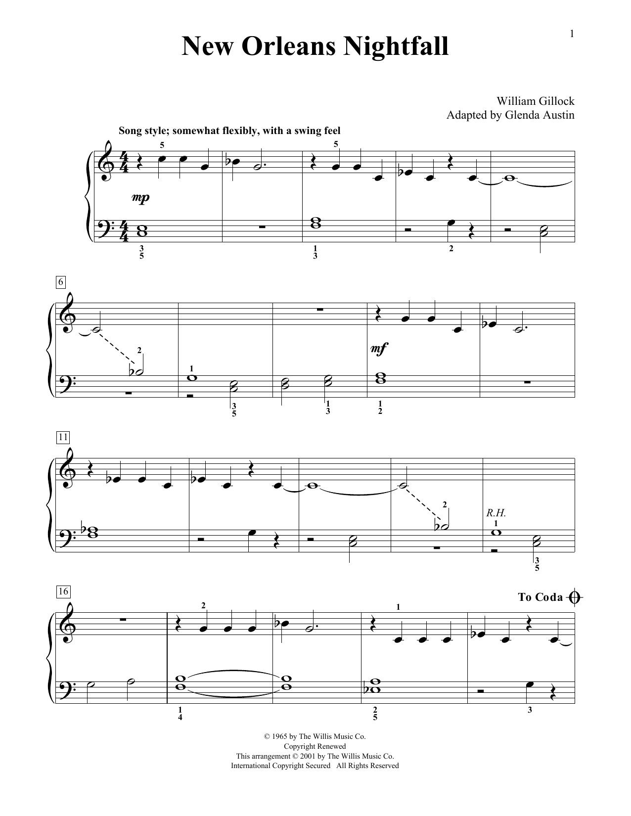 William Gillock New Orleans Nightfall (Simplified) (adapted by Glenda Austin) sheet music notes and chords arranged for Educational Piano
