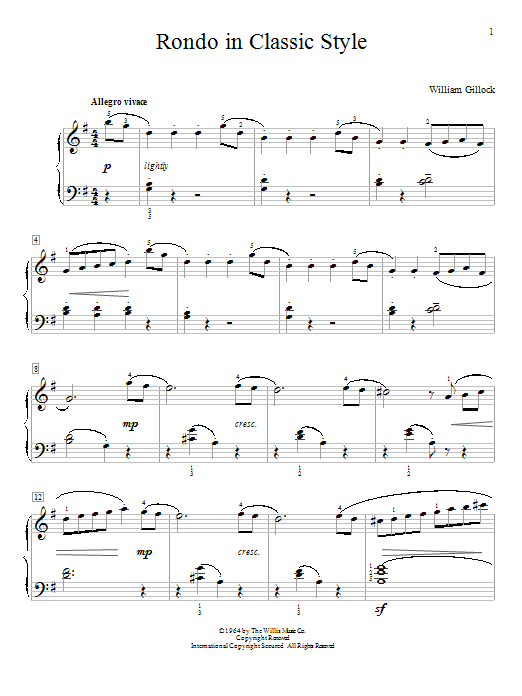 Learn to play William Gillock Rondo In Classic Style sheet music for Educational Piano in minutes. Price: 6.9900$ William Gillock Rondo In Classic Style sheet music notes and chords arranged for Educational Piano