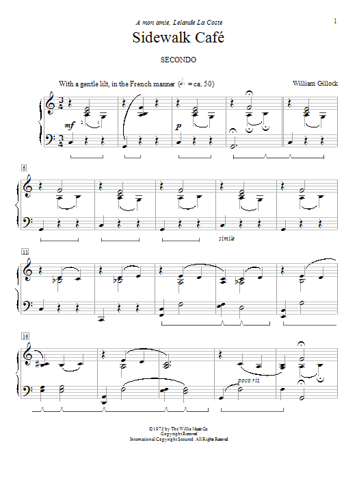 Learn to play William Gillock Sidewalk Cafe sheet music for Piano Duet in minutes. Price: 7.8900$ William Gillock Sidewalk Cafe sheet music notes and chords arranged for Piano Duet