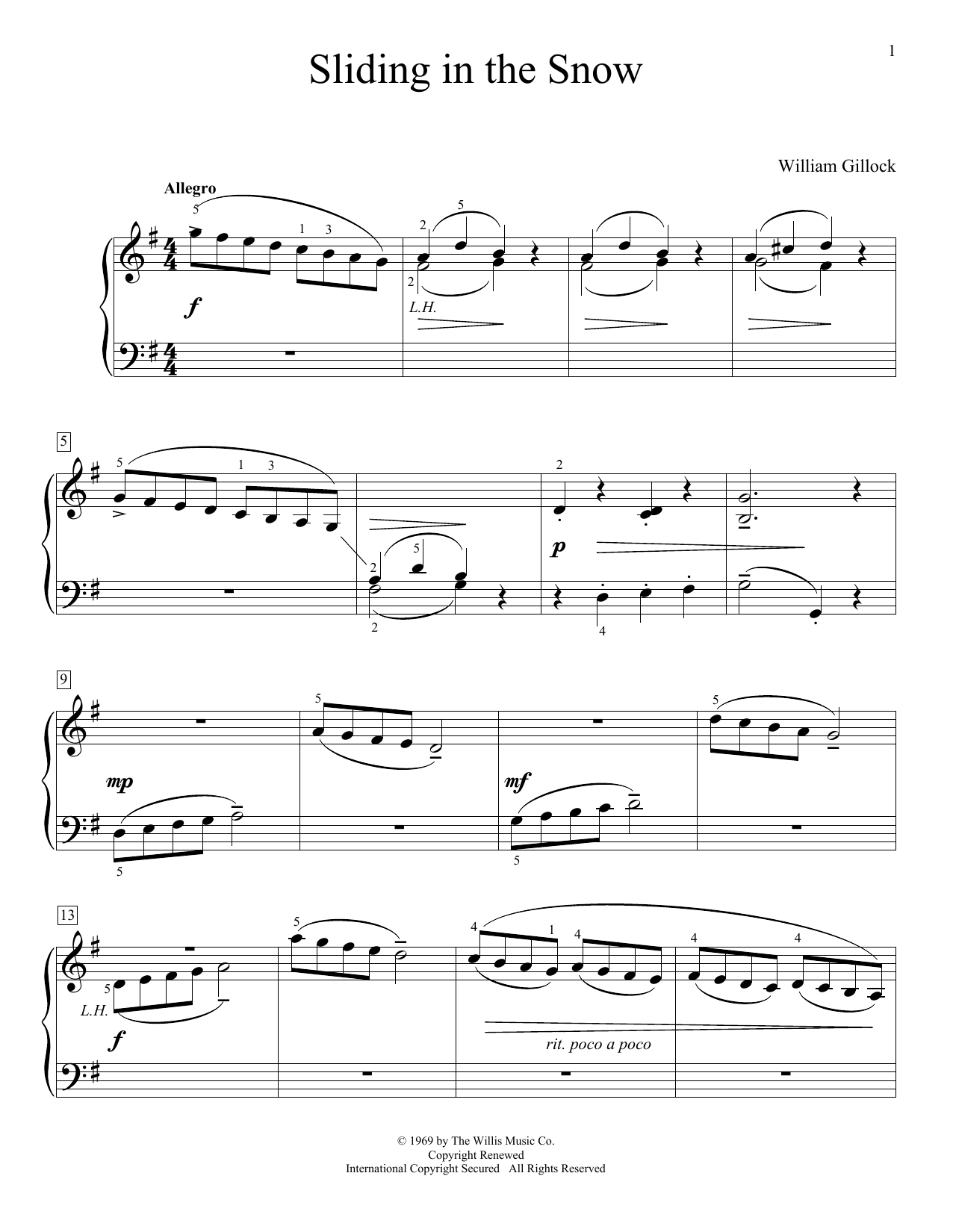 Learn to play William Gillock Sliding In The Snow sheet music for Educational Piano in minutes. Price: 6.9900$ William Gillock Sliding In The Snow sheet music notes and chords arranged for Educational Piano