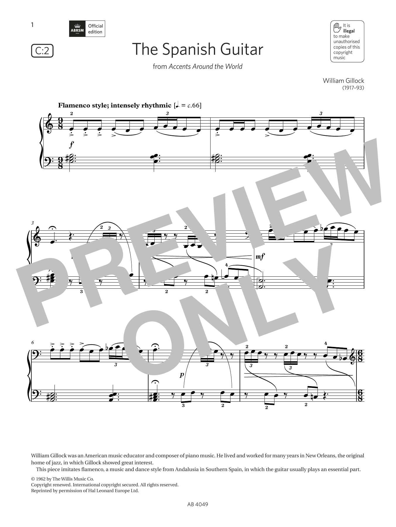 William Gillock The Spanish Guitar (Grade 3, list C2, from the ABRSM Piano Syllabus 2023 & 2024) sheet music notes and chords. Download Printable PDF.