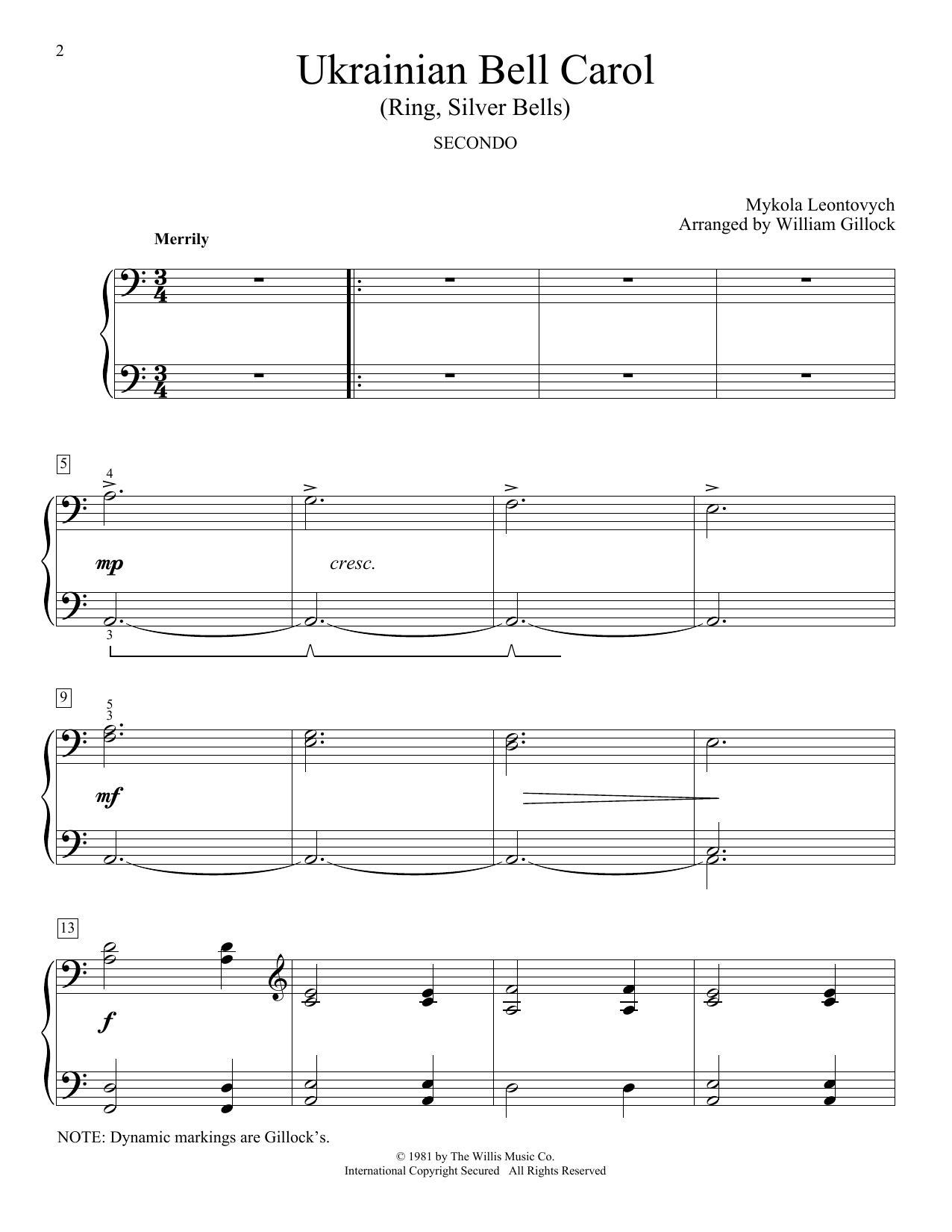 William Gillock Ukrainian Bell Carol (Ring, Silver Bells) sheet music notes and chords. Download Printable PDF.