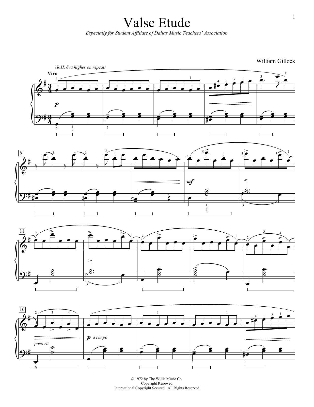 William Gillock Valse Etude sheet music notes and chords. Download Printable PDF.