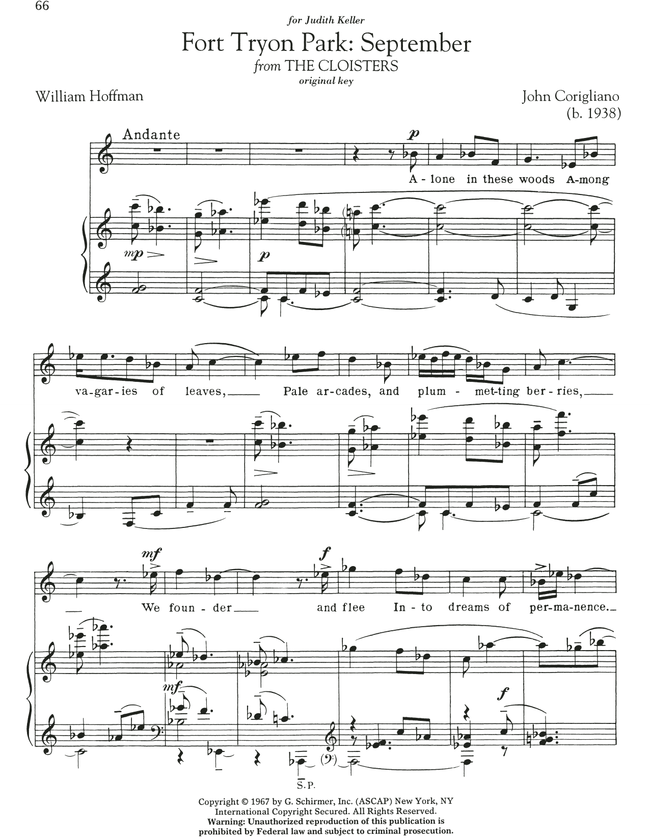 John Corigliano Fort Tryon Park: September sheet music notes and chords arranged for Piano & Vocal