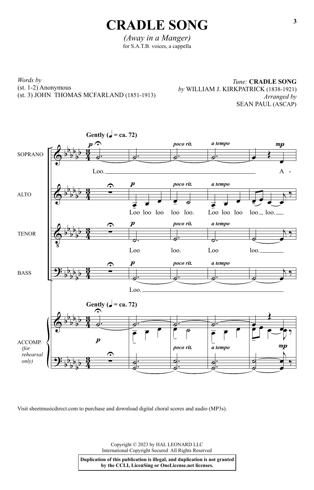 William J. Kirkpatrick Cradle Song (Away In A Manger) (arr. Sean Paul) sheet music notes and chords. Download Printable PDF.