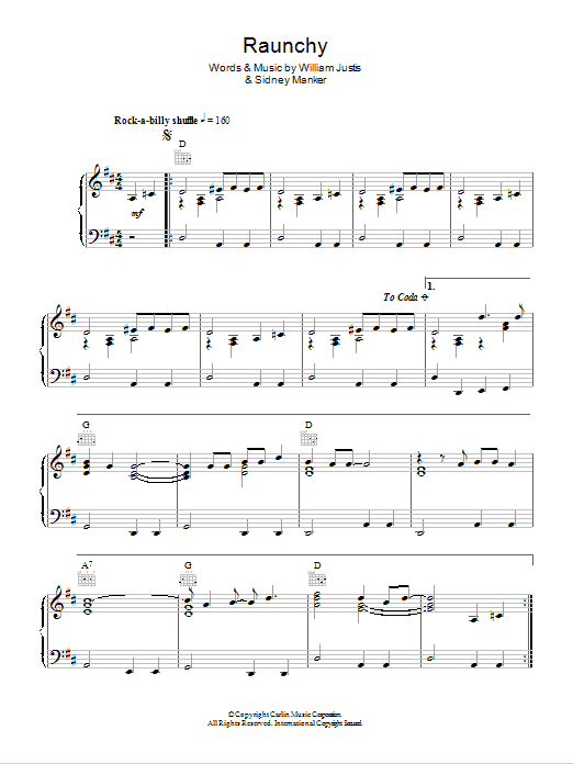 William Justis Raunchy sheet music notes and chords arranged for Piano Solo