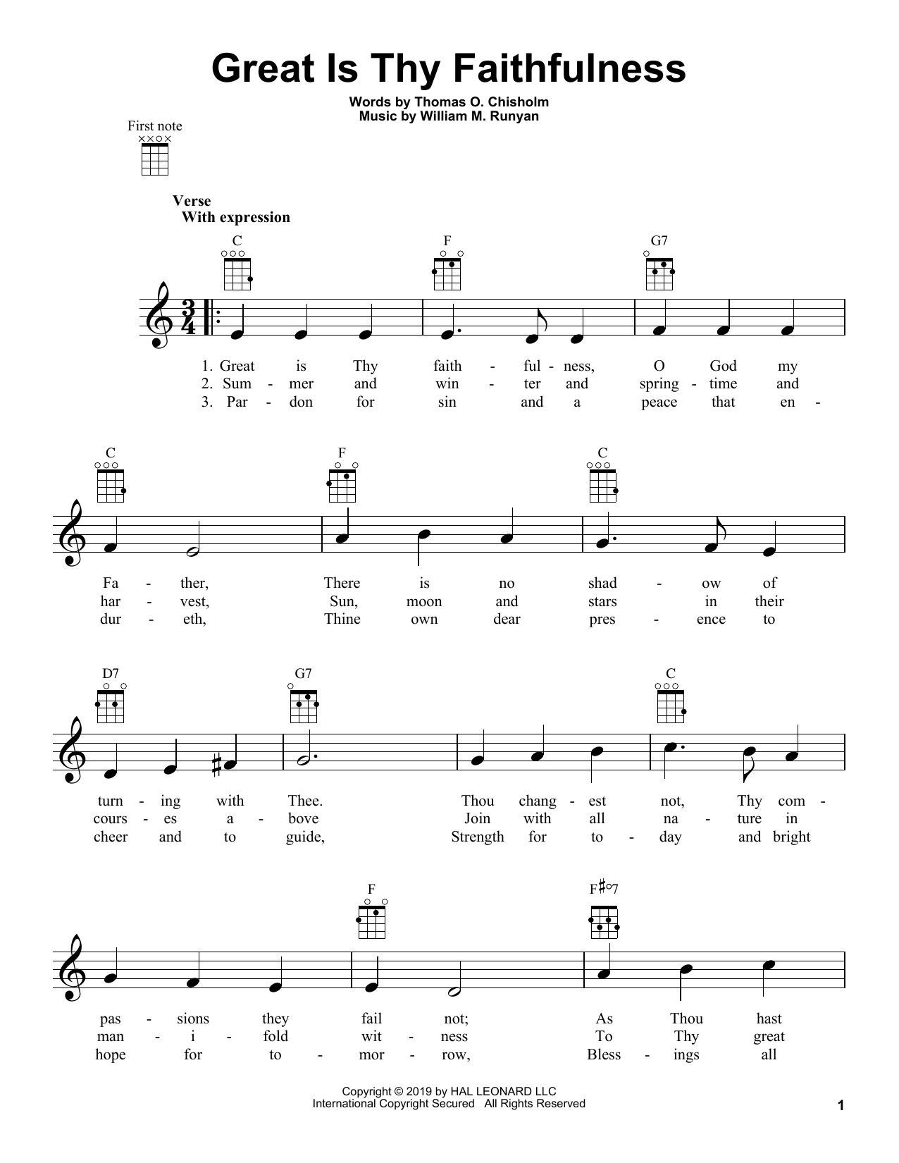 Learn to play William M. Runyan Great Is Thy Faithfulness sheet music for Ukulele in minutes. Price: 5.9900$ William M. Runyan Great Is Thy Faithfulness sheet music notes and chords arranged for Ukulele
