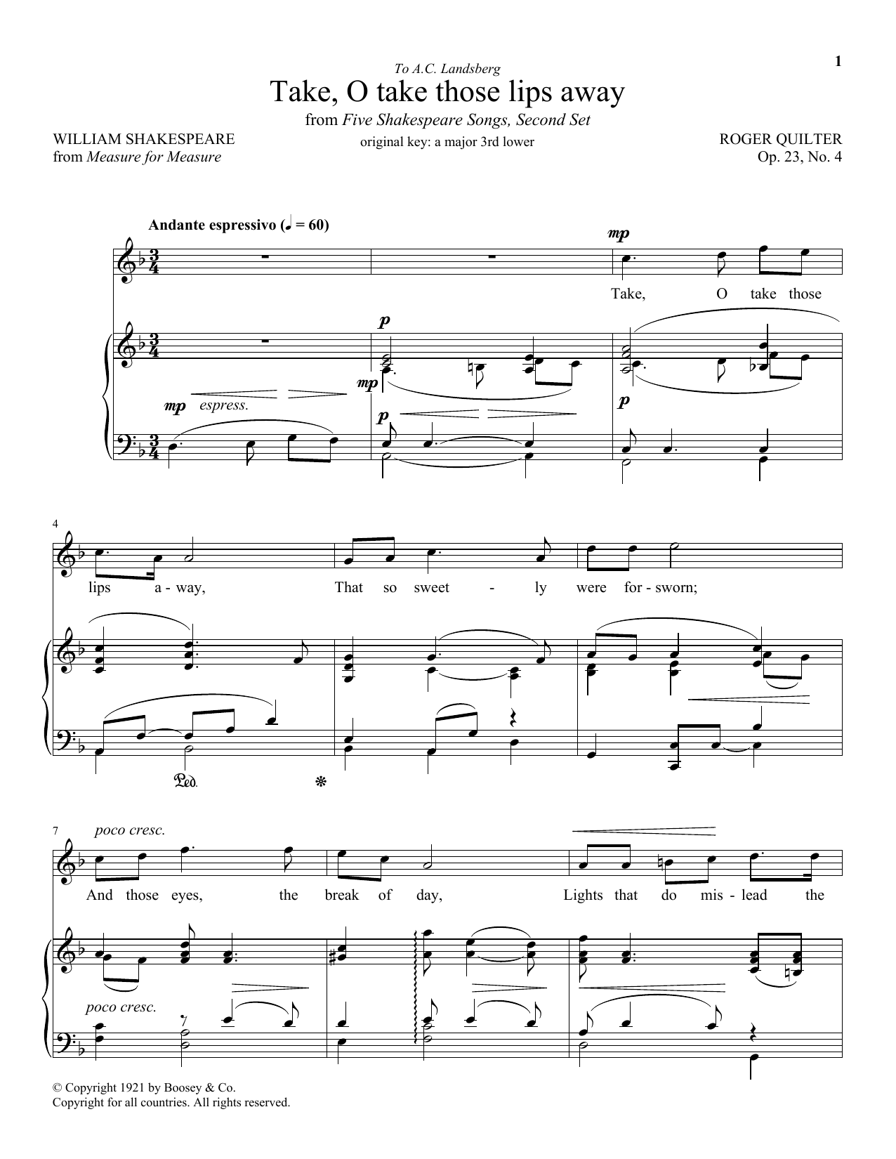 William Shakespeare Take, O Take Those Lips Away, Op. 23, No. 4 sheet music notes and chords. Download Printable PDF.