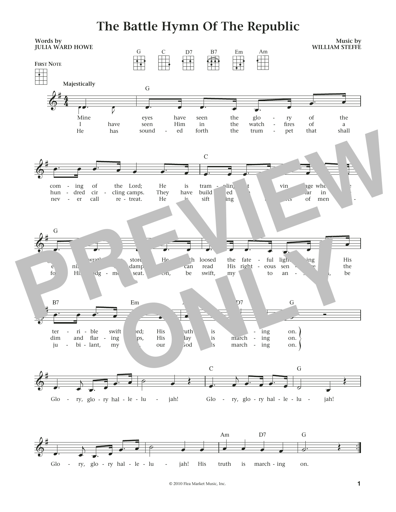 Learn to play William Steffe Battle Hymn Of The Republic (from The Daily Ukulele) (arr. Liz and Jim Beloff) sheet music for Ukulele in minutes. Price: 5.9900$ William Steffe Battle Hymn Of The Republic (from The Daily Ukulele) (arr. Liz and Jim Beloff) sheet music notes and chords arranged for Ukulele