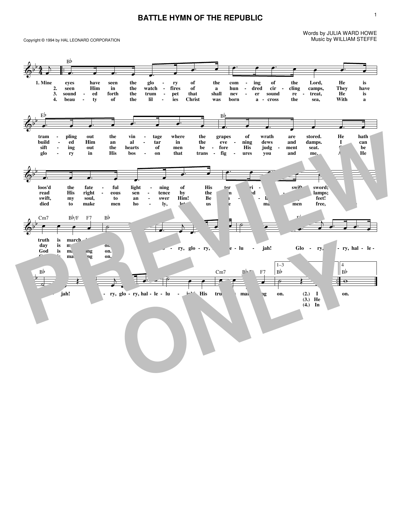 William Steffe Battle Hymn Of The Republic sheet music notes and chords. Download Printable PDF.