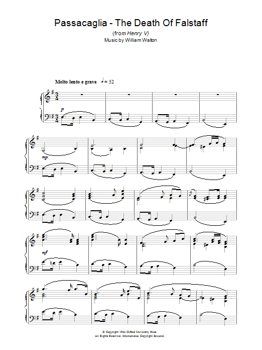 William Walton Passacaglia - The Death Of Falstaff (from Henry V) sheet music notes and chords arranged for Piano Solo