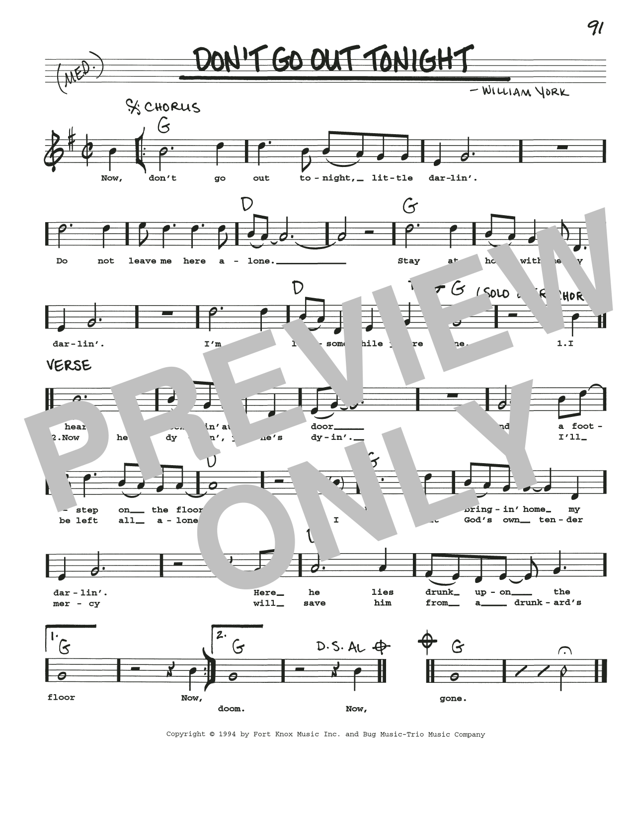 William York Don't Go Out Tonight sheet music notes and chords arranged for Real Book – Melody, Lyrics & Chords