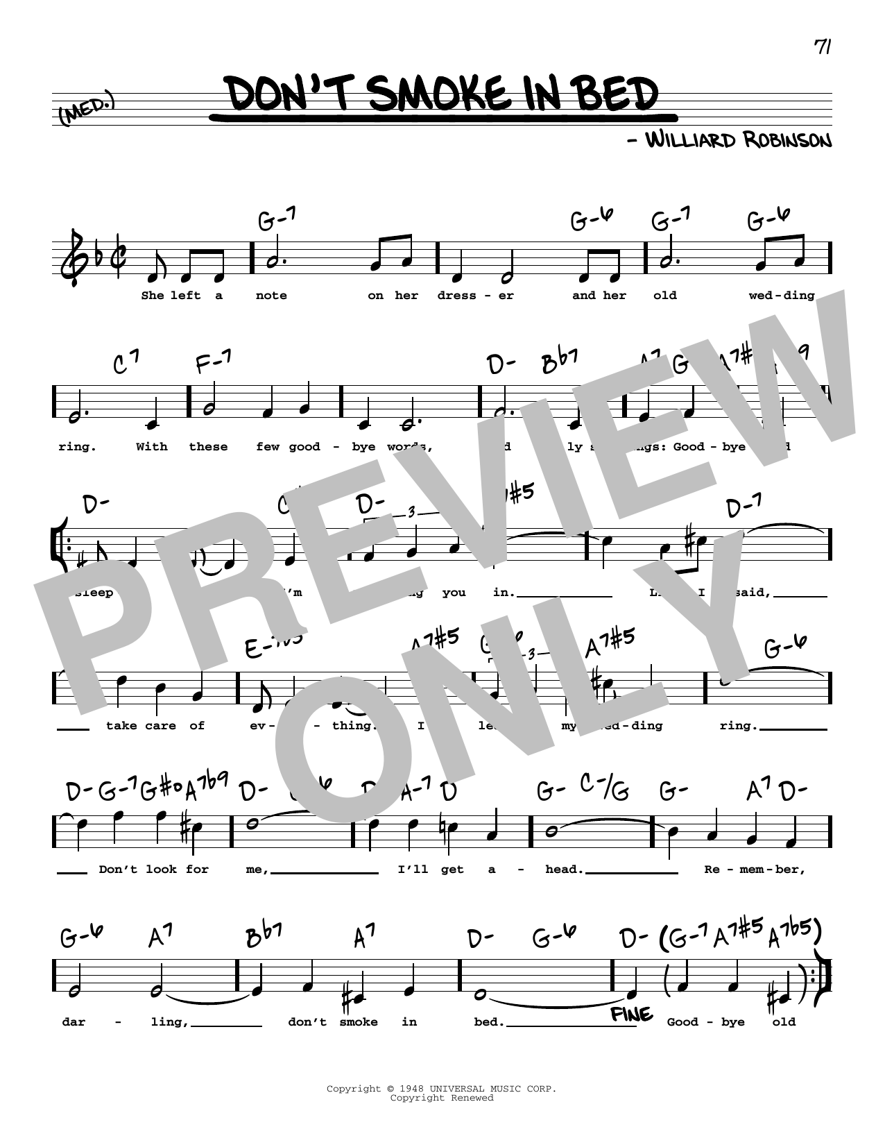 Learn to play Williard Robinson Don't Smoke In Bed (High Voice) sheet music for Real Book – Melody, Lyrics & Chords in minutes. Price: 5.9900$ Williard Robinson Don't Smoke In Bed (High Voice) sheet music notes and chords arranged for Real Book – Melody, Lyrics & Chords