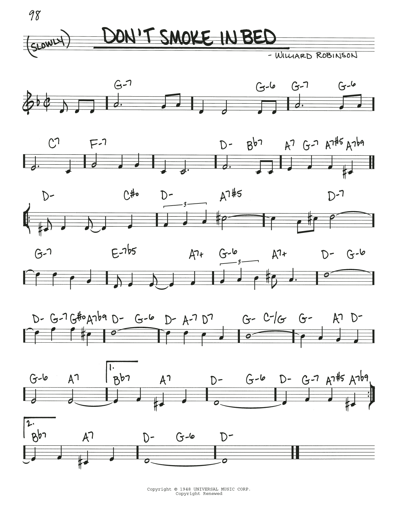 Learn to play Williard Robinson Don't Smoke In Bed sheet music for Real Book – Melody & Chords in minutes. Price: 5.9900$ Williard Robinson Don't Smoke In Bed sheet music notes and chords arranged for Real Book – Melody & Chords
