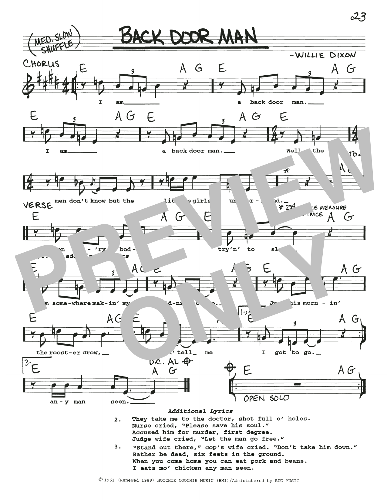 Willie Dixon Back Door Man sheet music notes and chords arranged for Real Book – Melody, Lyrics & Chords