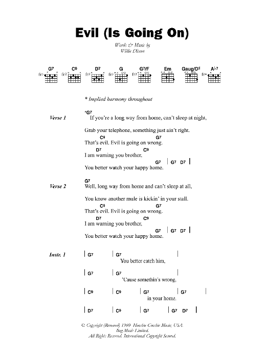 Willie Dixon Evil (Is Going On) sheet music notes and chords. Download Printable PDF.