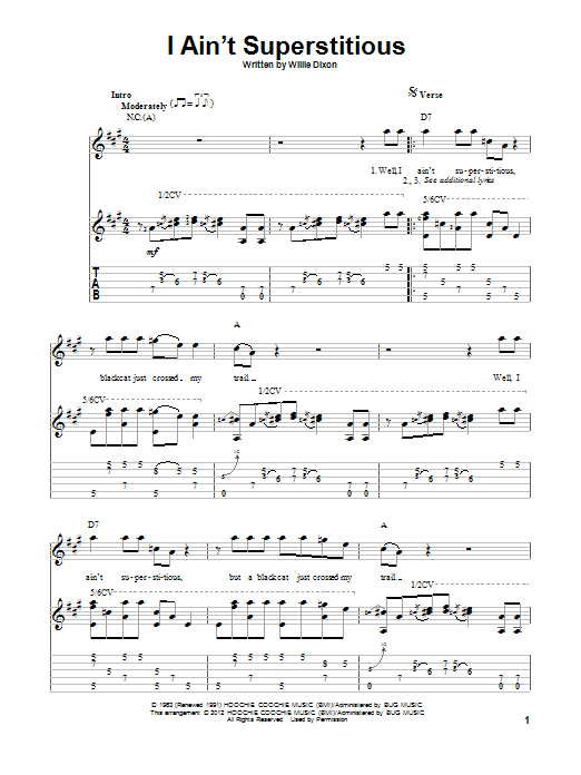 Willie Dixon I Ain't Superstitious sheet music notes and chords. Download Printable PDF.