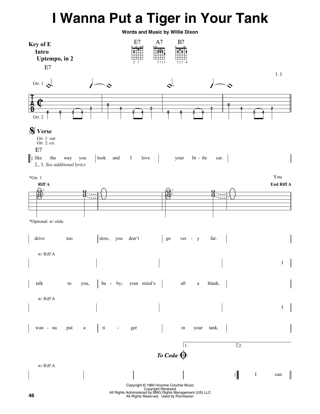 Willie Dixon I Wanna Put A Tiger In Your Tank sheet music notes and chords. Download Printable PDF.