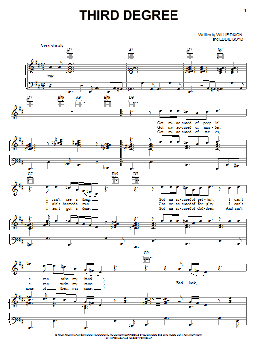 Learn to play Willie Dixon Third Degree sheet music for Piano, Vocal & Guitar Chords (Right-Hand Melody) in minutes. Price: 7.8900$ Willie Dixon Third Degree sheet music notes and chords arranged for Piano, Vocal & Guitar Chords (Right-Hand Melody)