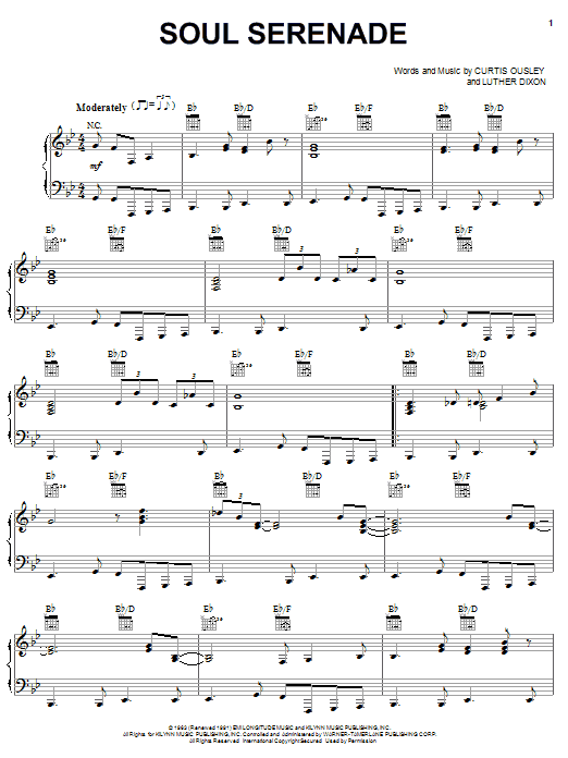 Learn to play Willie Mitchell Soul Serenade sheet music for Piano, Vocal & Guitar Chords (Right-Hand Melody) in minutes. Price: 7.8900$ Willie Mitchell Soul Serenade sheet music notes and chords arranged for Piano, Vocal & Guitar Chords (Right-Hand Melody)