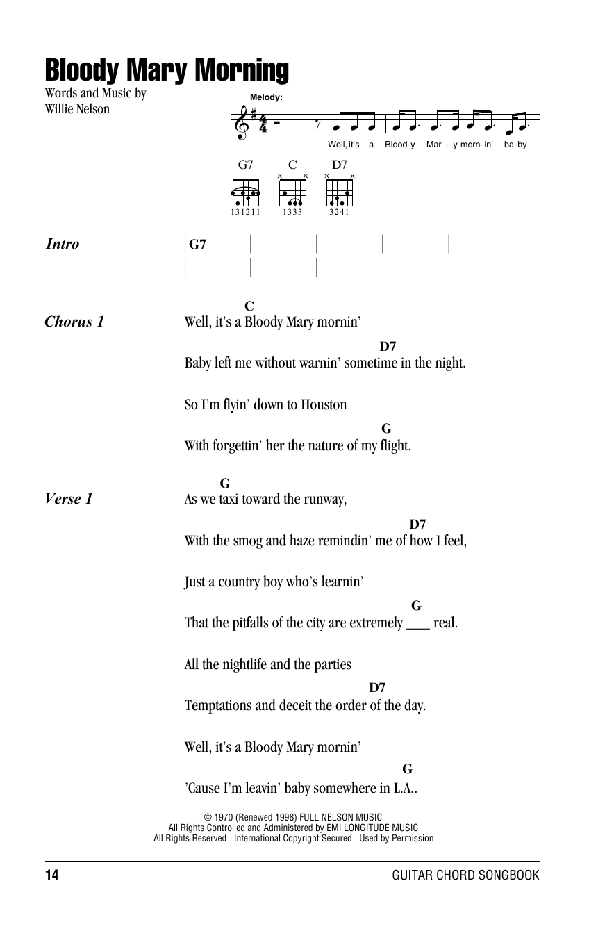 Willie Nelson Bloody Mary Morning sheet music notes and chords arranged for Piano, Vocal & Guitar Chords (Right-Hand Melody)