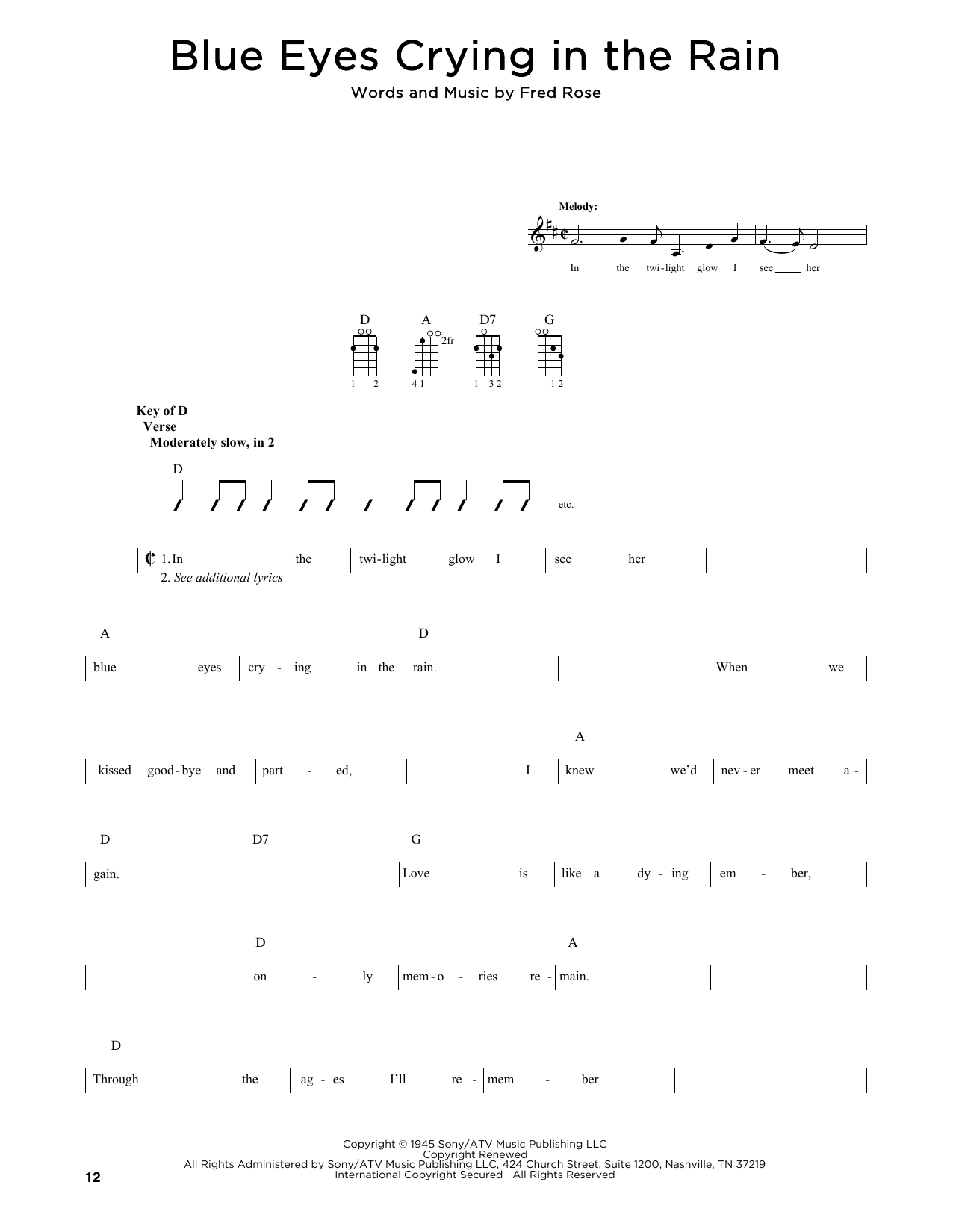 Willie Nelson Blue Eyes Crying In The Rain (arr. Fred Sokolow) sheet music notes and chords. Download Printable PDF.