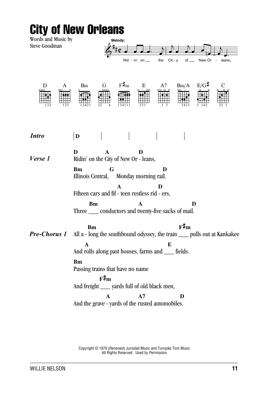 Willie Nelson City Of New Orleans sheet music notes and chords. Download Printable PDF.