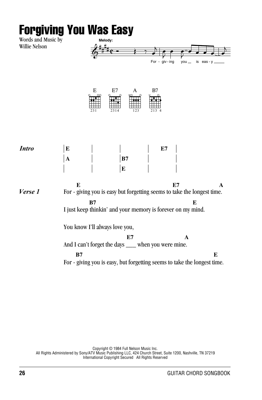 Willie Nelson Forgiving You Was Easy sheet music notes and chords. Download Printable PDF.