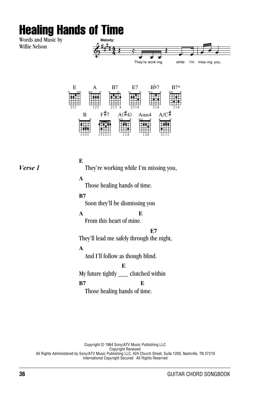 Learn to play Willie Nelson Healing Hands Of Time sheet music for Guitar Chords/Lyrics in minutes. Price: 4.4900$ Willie Nelson Healing Hands Of Time sheet music notes and chords arranged for Guitar Chords/Lyrics