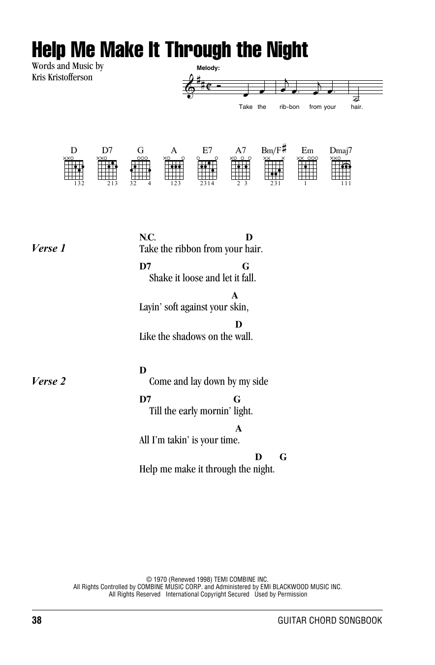 Willie Nelson Help Me Make It Through The Night sheet music notes and chords. Download Printable PDF.