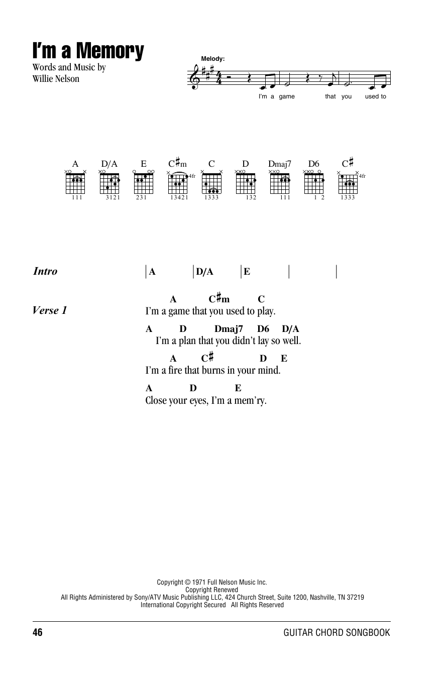 Willie Nelson I'm A Memory sheet music notes and chords. Download Printable PDF.