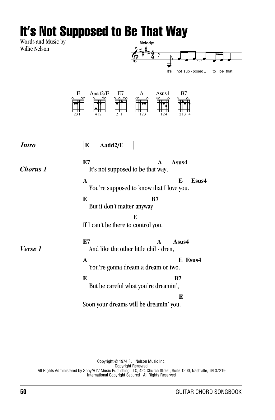 Willie Nelson It's Not Supposed To Be That Way sheet music notes and chords. Download Printable PDF.