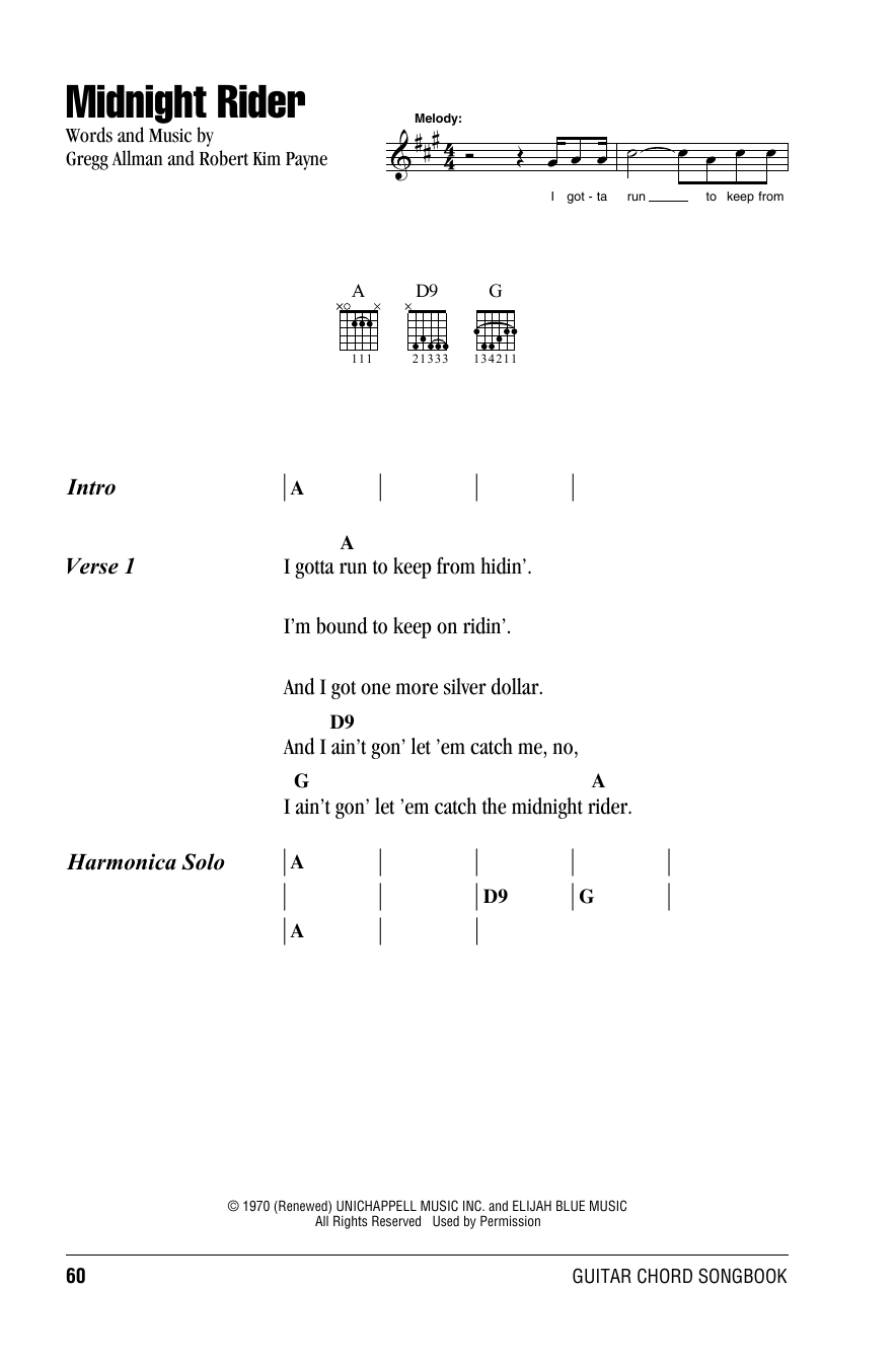 Willie Nelson Midnight Rider sheet music notes and chords. Download Printable PDF.